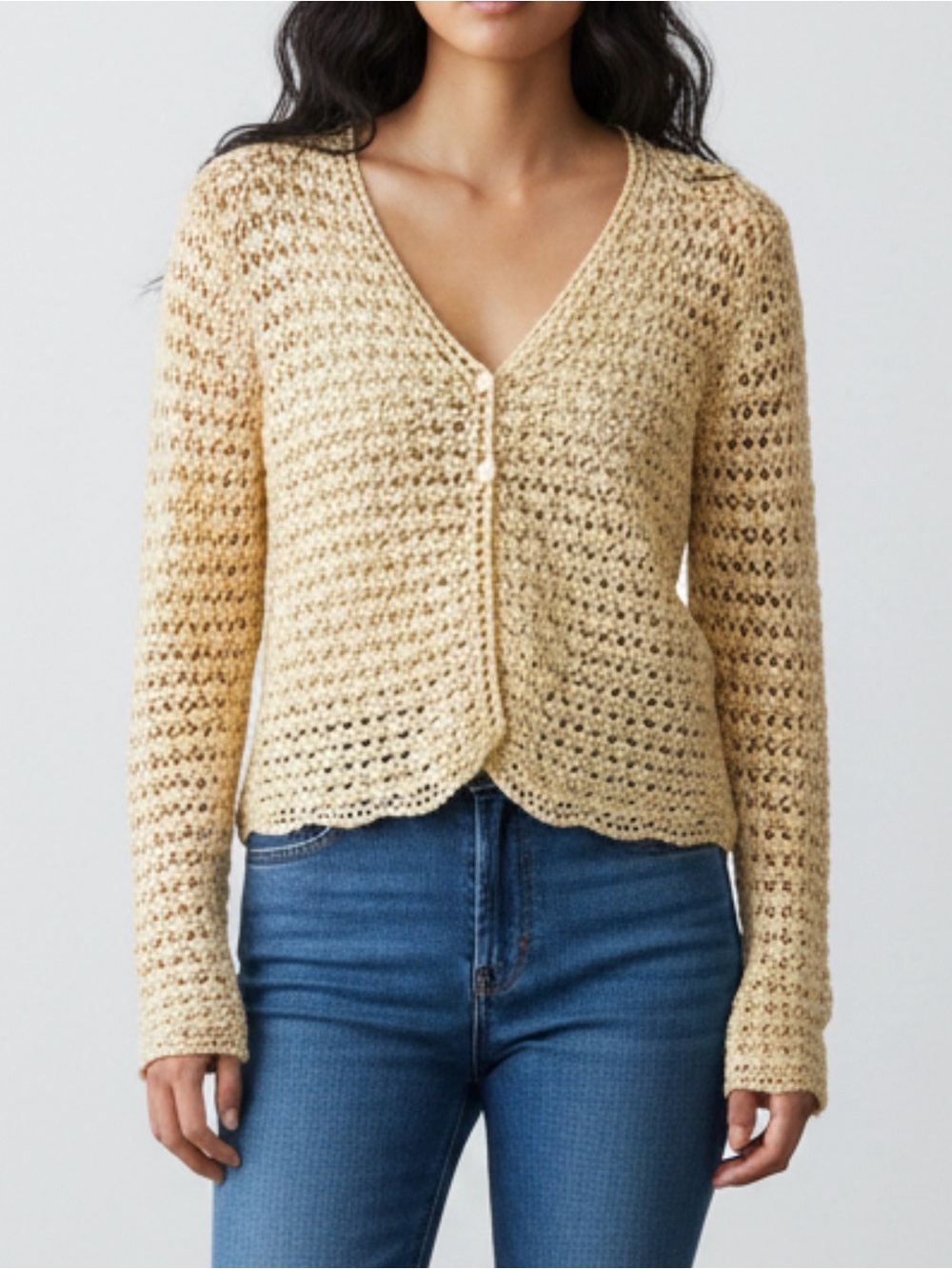 Chadwicks Light Beige cotton and ramie 
Crochet V‑Neck Cardigan size large